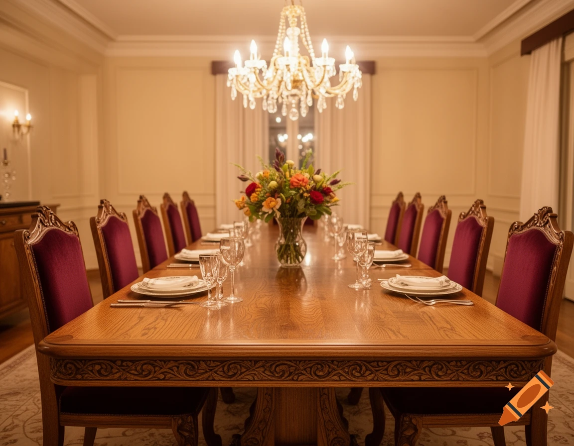 A long, ornate wooden dining table set with plates and glasses, surrounded by deep red velvet chairs under a crystal chandelier.