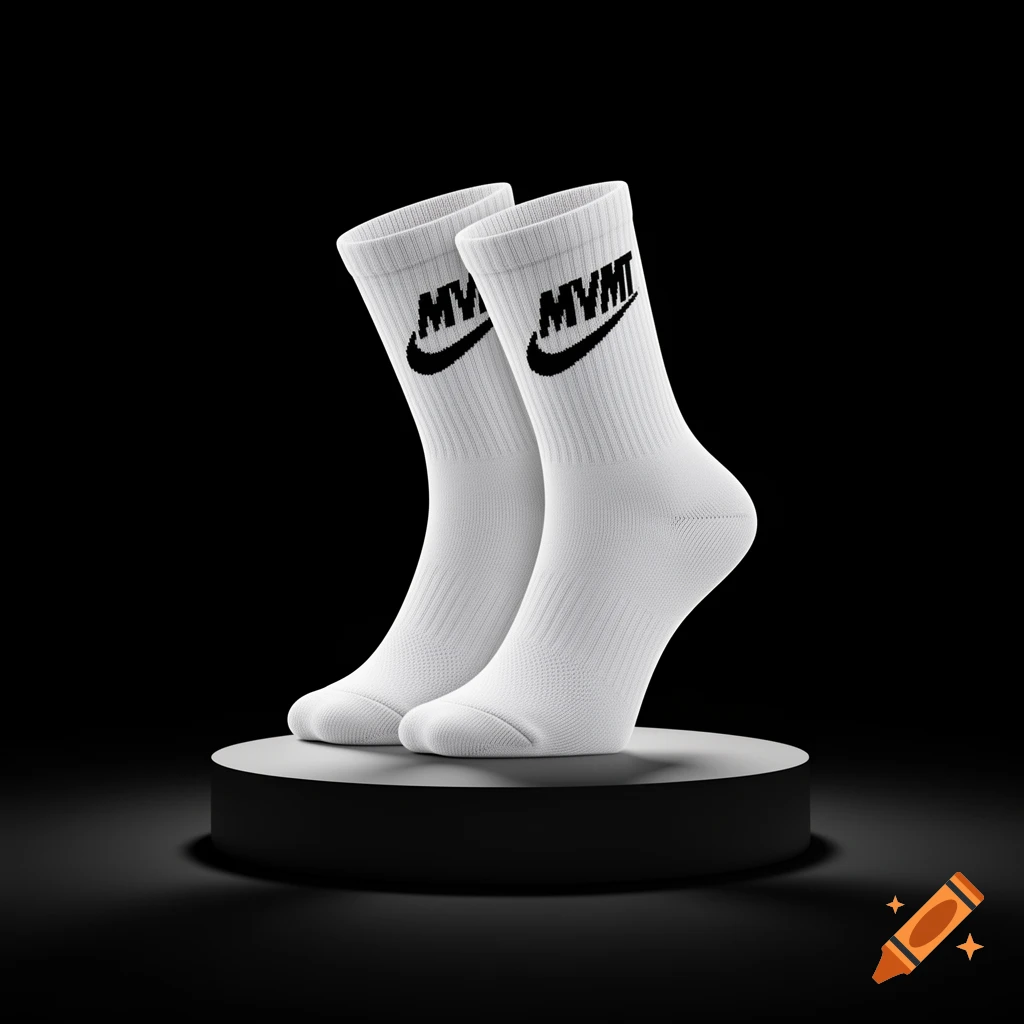 White athletic socks with a black "MVMT" logo shaped like a swoosh, displayed on a round stand against a dark background.