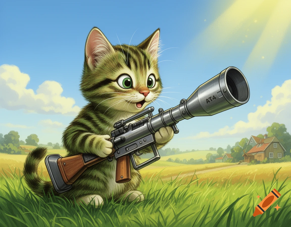 A cute cartoon kitten with green eyes holds a large silver AT4 rocket launcher in a sunny grassy field with houses.