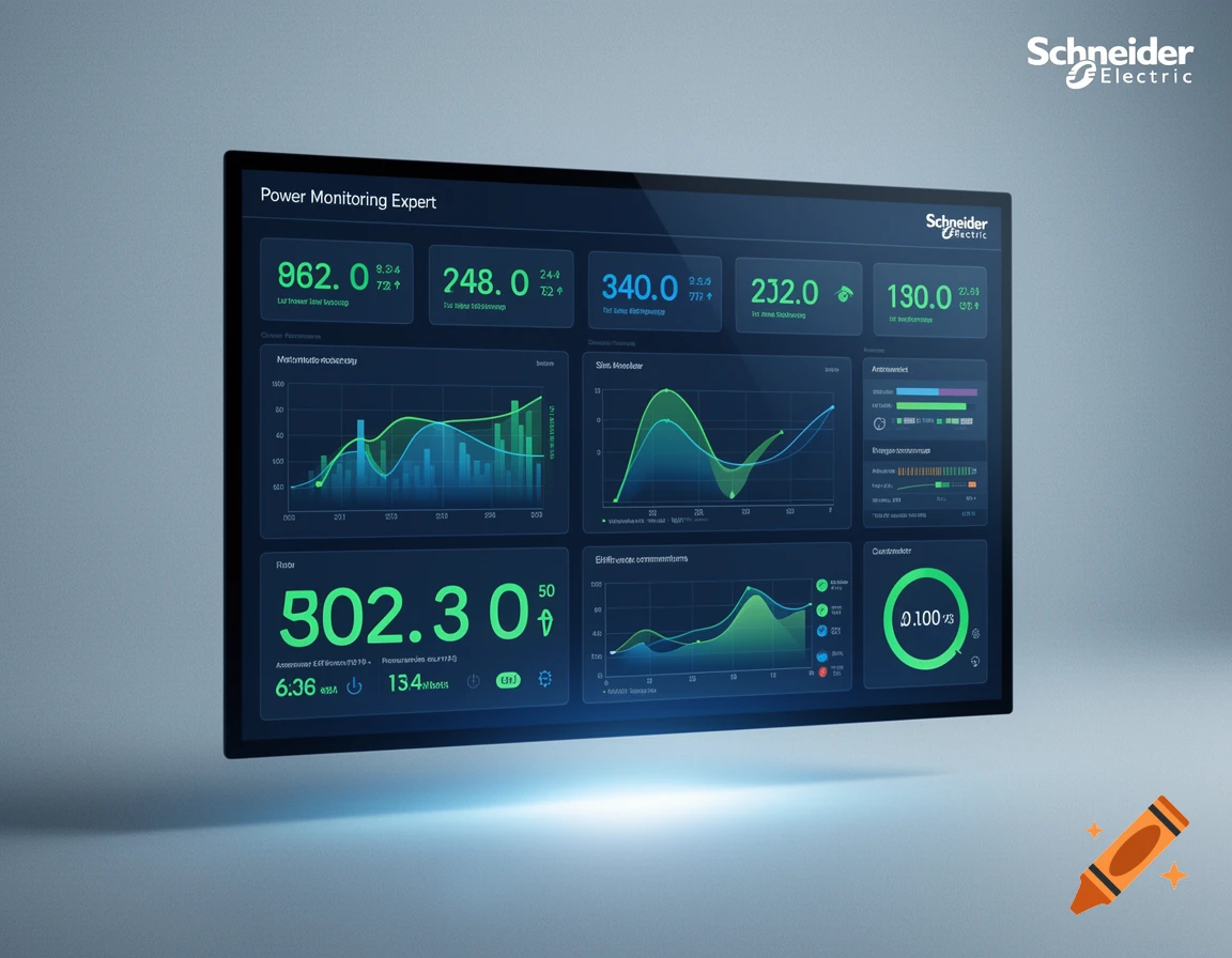 A close-up view of a digital screen displaying a 'Power Monitoring Expert' dashboard with various green and blue graphs, charts, and large numbers, against a grey background. The Schneider Electric logo is in the top right.