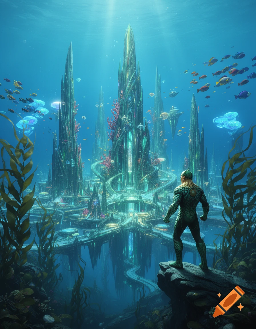 A green-armored superhero stands on a rock overlooking a luminous, spired underwater city surrounded by aquatic life.