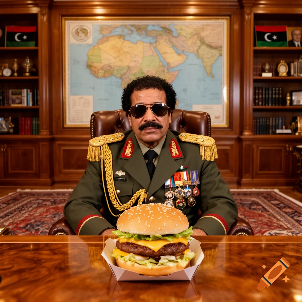 A man resembling Gaddafi, wearing a military uniform and aviator sunglasses, sits at a wooden desk with a large cheeseburger in front of him. A world map and Libyan flags are in the background.