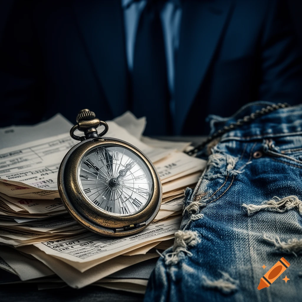 A close-up of an old, cracked pocket watch on a pile of bills and worn-out denim, with a man in a suit blurred in the background, in a gritty, cinematic style.
