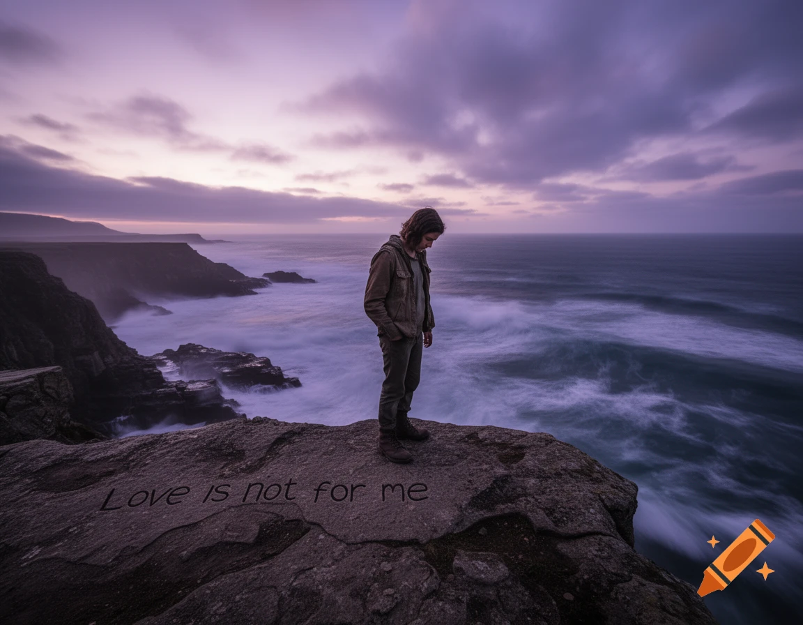A person stands on a cliff overlooking a stormy ocean at dusk, with 'Love is not for me' written on the rock.