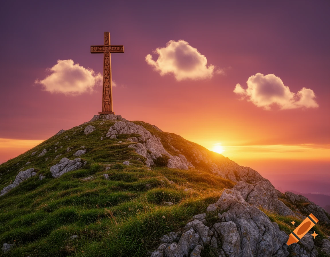 A wooden cross stands atop a rocky, grassy hill against a vibrant purple and orange sunset with fluffy clouds.