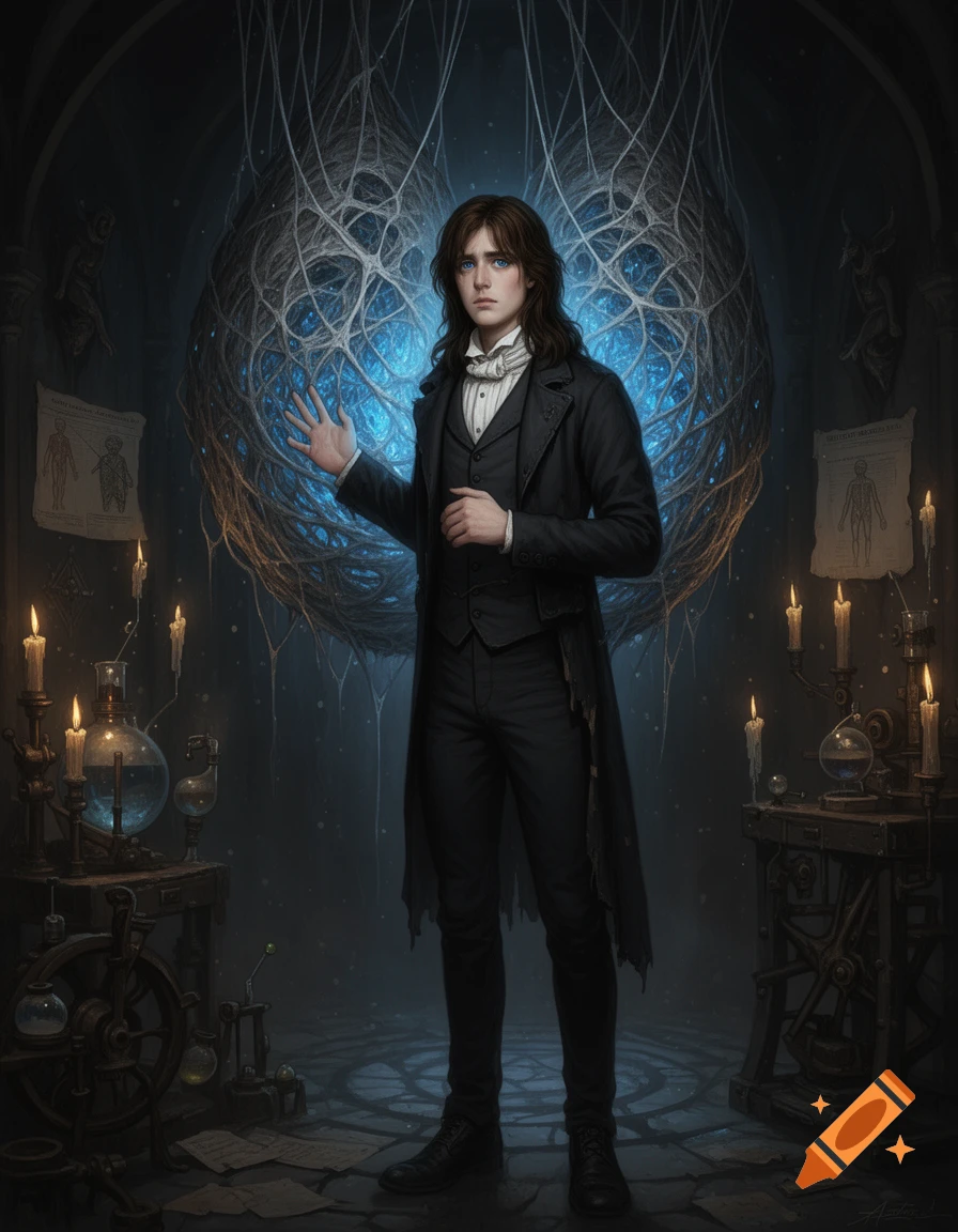 A melancholic young man in Victorian attire stands before a glowing, organic cocoon in a dark, candlelit chamber filled with alchemical apparatus.