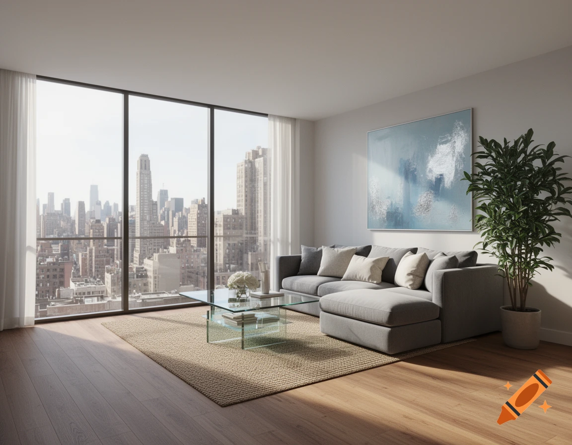 Modern living room with a gray sectional sofa, glass coffee table, and a large window overlooking a city skyline.