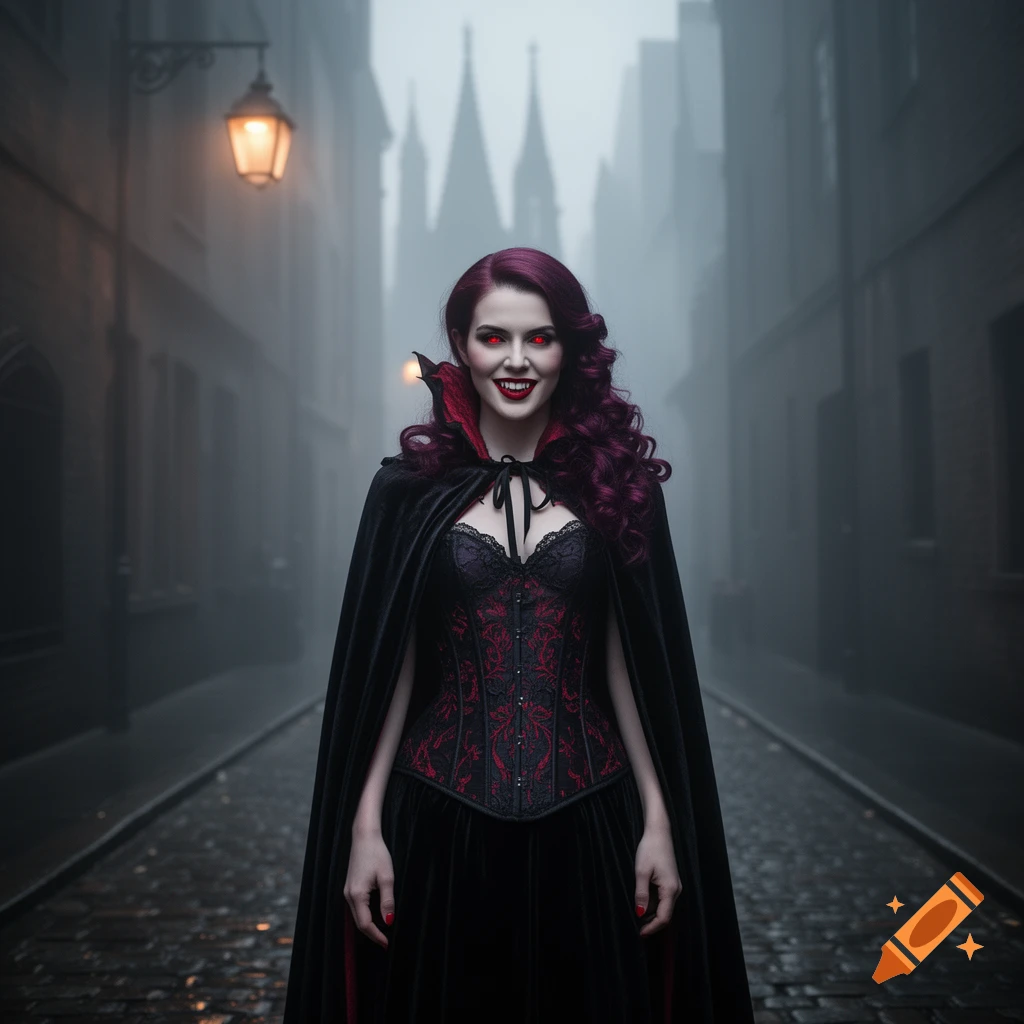 A gothic vampire woman with red eyes and fangs, wearing a black cape and corset, stands smiling on a foggy cobbled street.