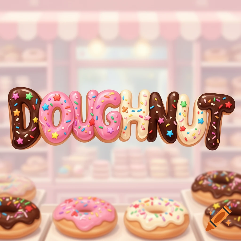 The word DOUGHNUT spelled out in colorful, sprinkle-covered donut letters, with real donuts on display and a blurred bakery background.