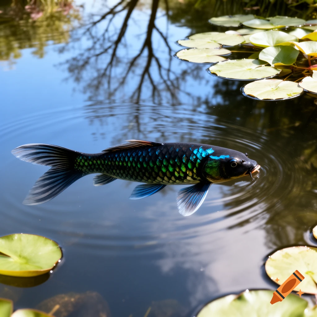 A black fish with iridescent blue and green scales swims in a pond with water lilies and a reflection of a tree.