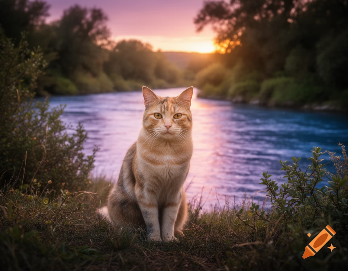 A photorealistic light tabby cat sits on a grassy river bank at sunset, with the water reflecting purple and pink hues.