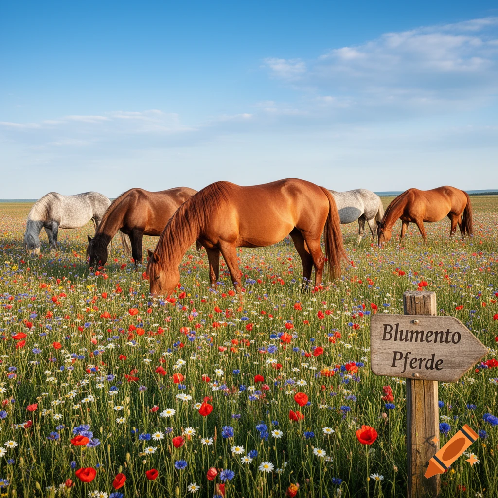 Photorealistic horses graze in a vibrant wildflower field under a blue sky, with a wooden sign reading 'Blumento Pferde'.