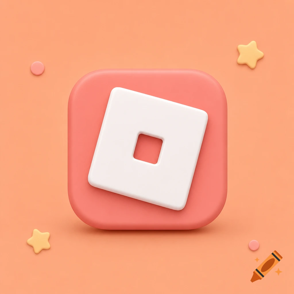 A 3D pastel pink Roblox app icon featuring a white square with an inner pink square, on a peach background with small stars and circles.