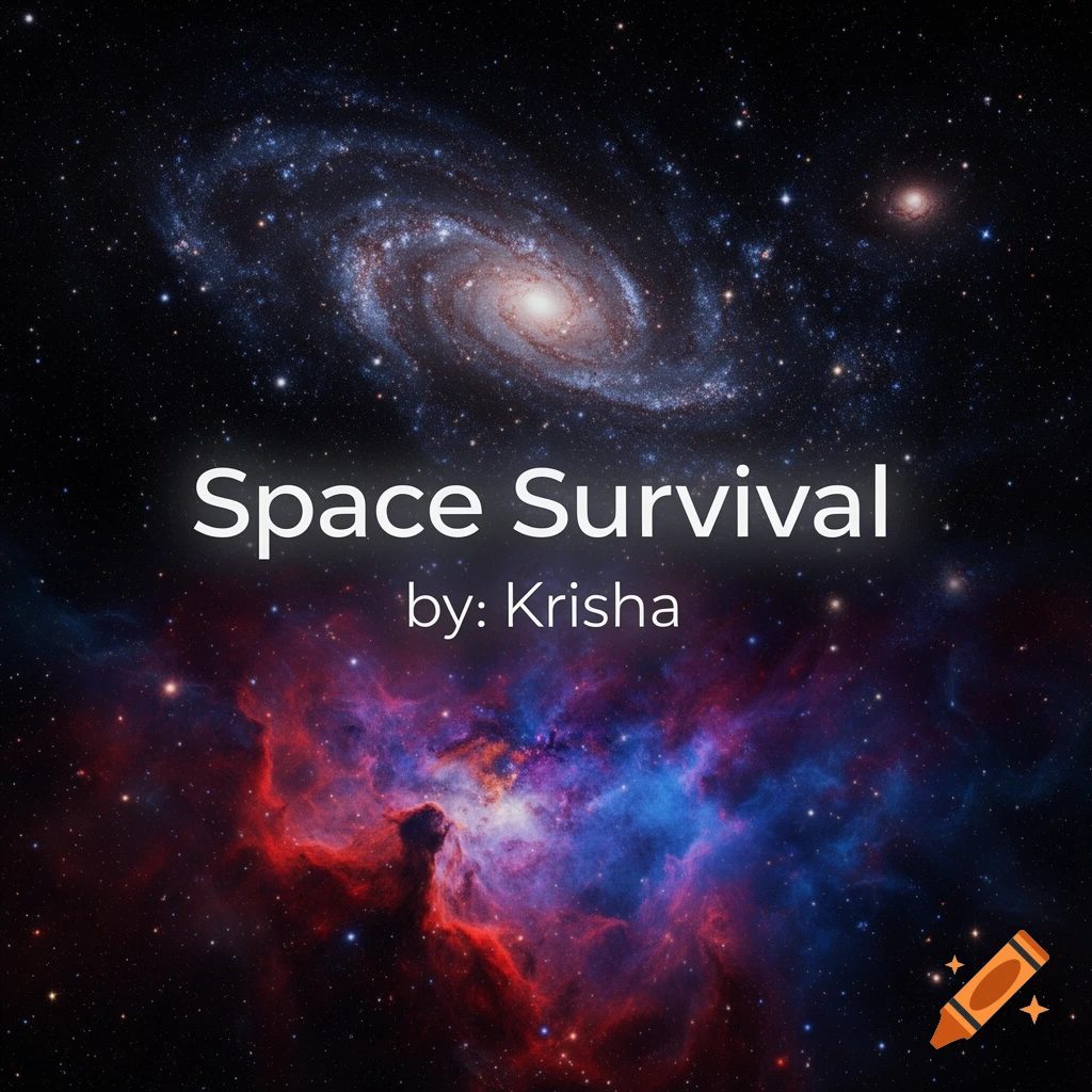 A spiral galaxy and a colorful nebula against a starry black space background, with text "Space Survival by: Krisha".