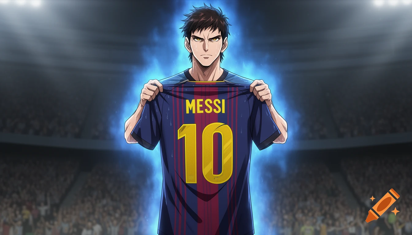 Anime man in a stadium holding up a blue and red soccer jersey with "MESSI 10" and a glowing blue aura.