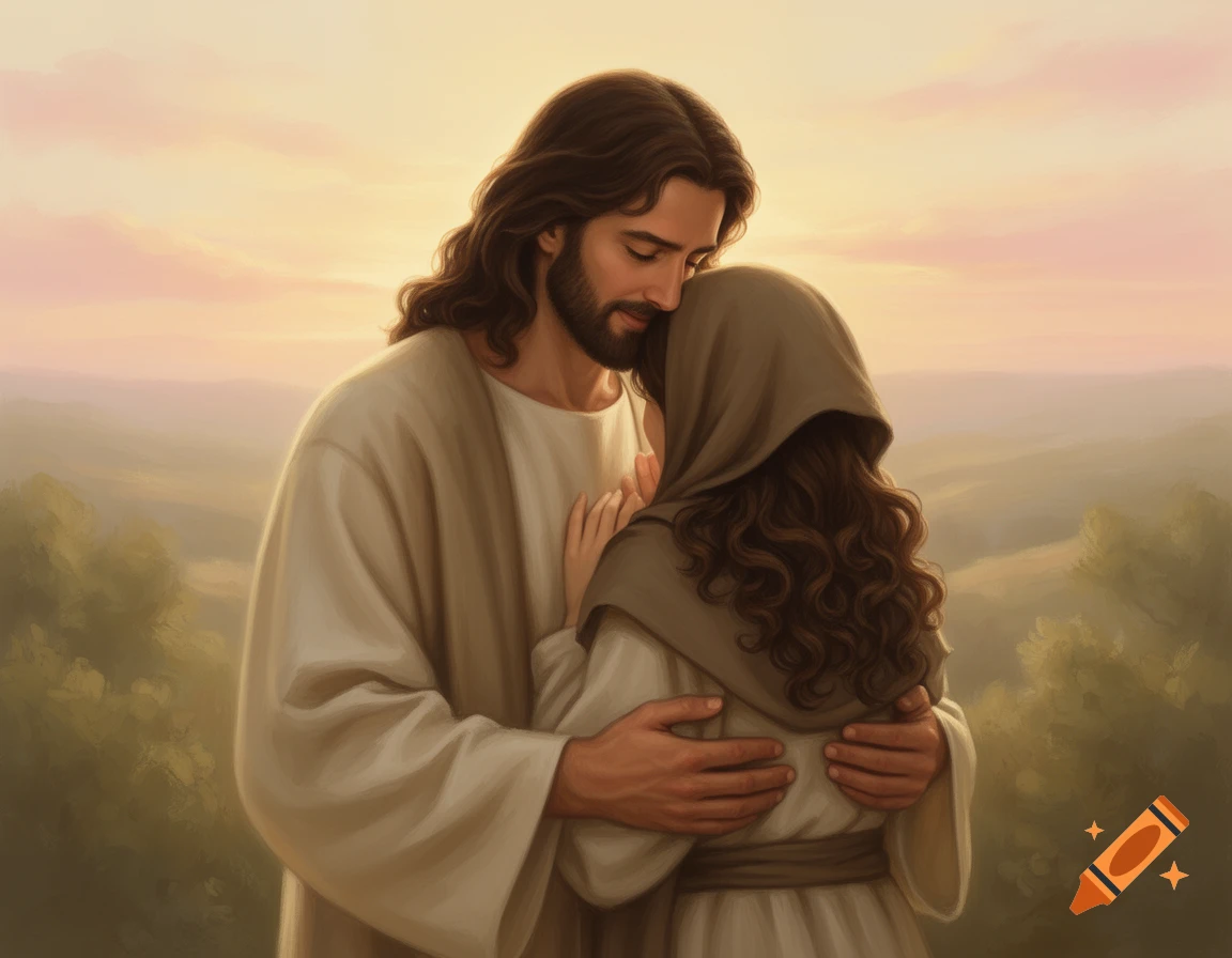 A painted image of Jesus, with long brown hair and beard, gently embracing a woman with curly brown hair wearing a hood, against a warm sunset landscape.