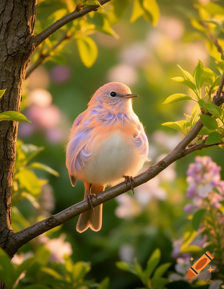 A small bird with soft orange and purple feathers perches on a tree branch in soft sunlight with a blurred nature background.