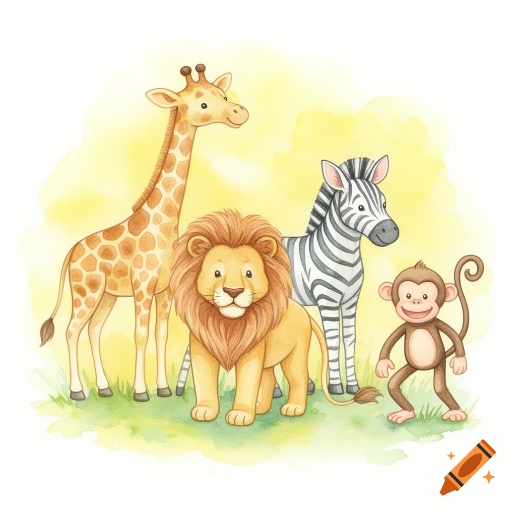 Watercolor illustration of a giraffe, lion, zebra, and monkey standing together on grass with a yellow background.