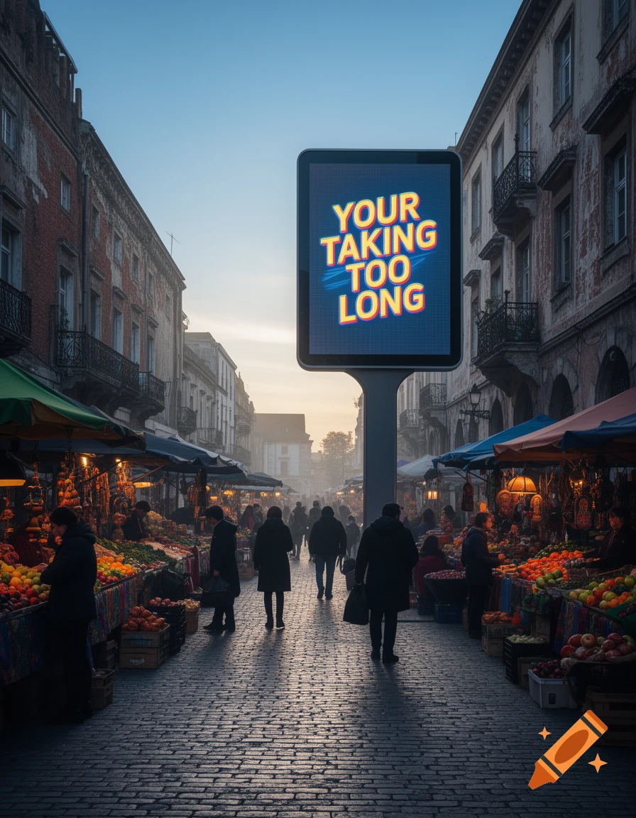 A busy photorealistic street market at dusk. People walk among fruit stalls under old buildings. A central billboard reads 'YOUR TAKING TOO LONG'.