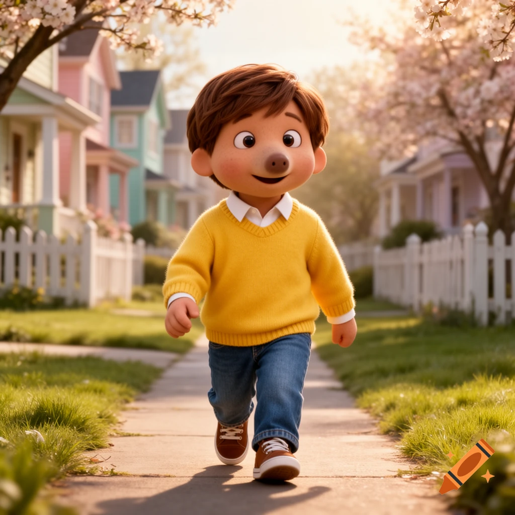 A cute animated boy with brown hair and a pig-like nose walks on a sidewalk in a sunny neighborhood with colorful houses and flowering trees.