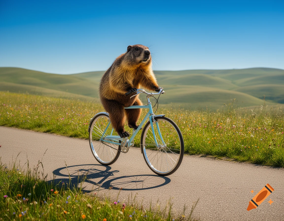 A fluffy marmot rides a light blue bicycle down a paved path through green rolling hills under a clear blue sky in a photorealistic style.