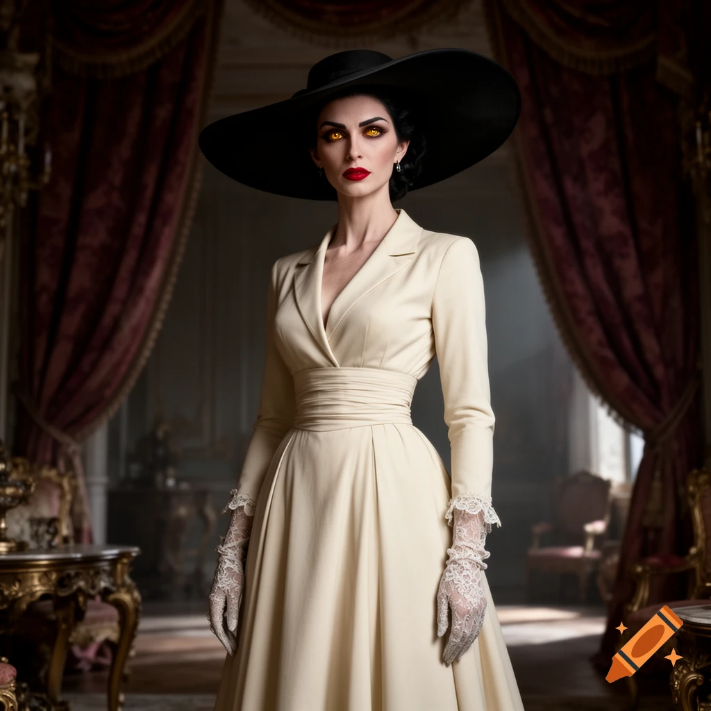 A photorealistic portrait of a woman resembling Lady Dimitrescu in an elegant cream dress, black hat, and glowing yellow eyes, standing in an opulent room.