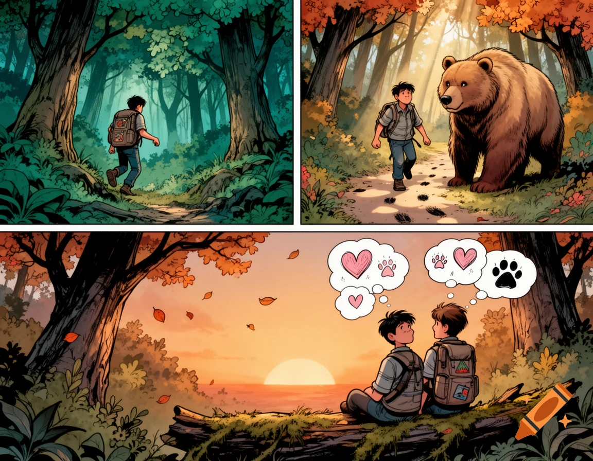 A comic book page depicts a boy's adventure: walking through a forest, befriending a bear, and sitting with another boy watching a sunset.