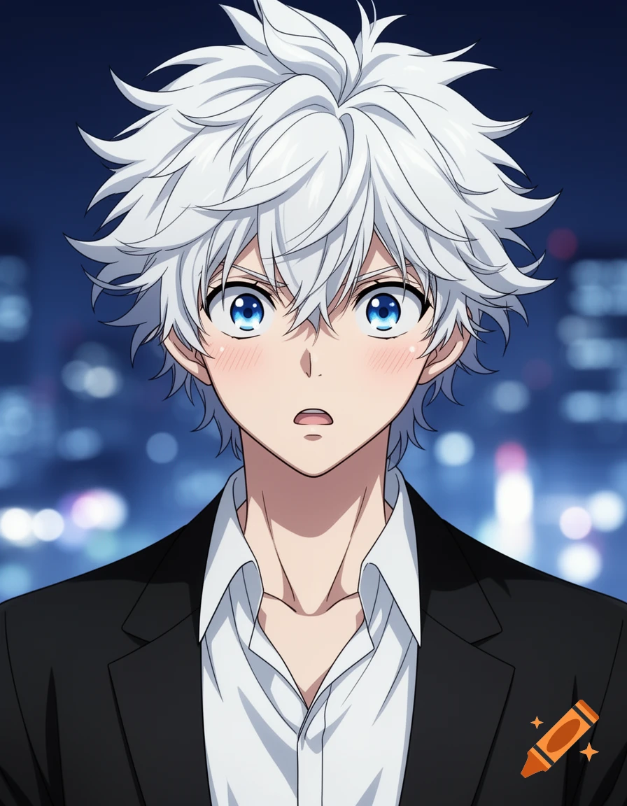 Anime boy with spiky white hair and blue eyes, blushing, wearing a suit jacket against a blurred city night.