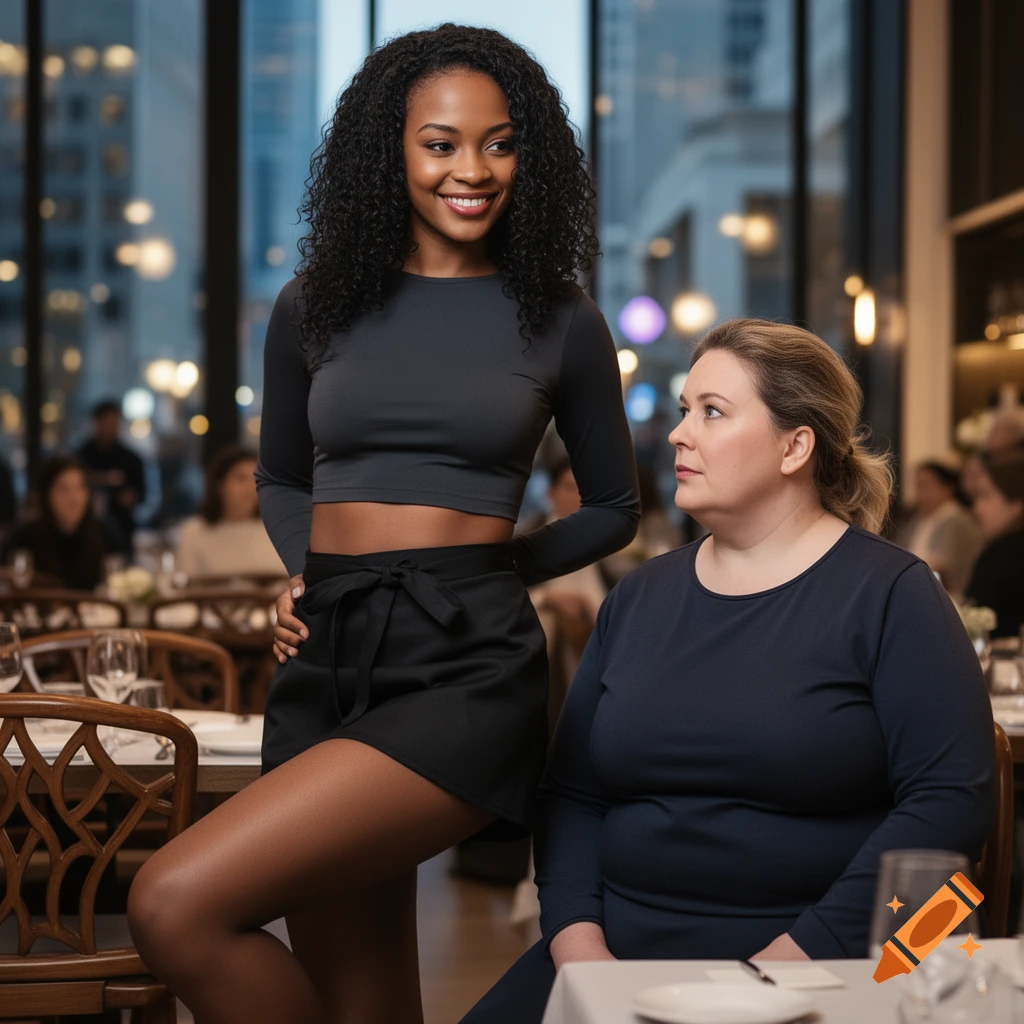A smiling African woman in a crop top stands with a bent leg next to a seated white woman looking at her in a photorealistic restaurant scene.