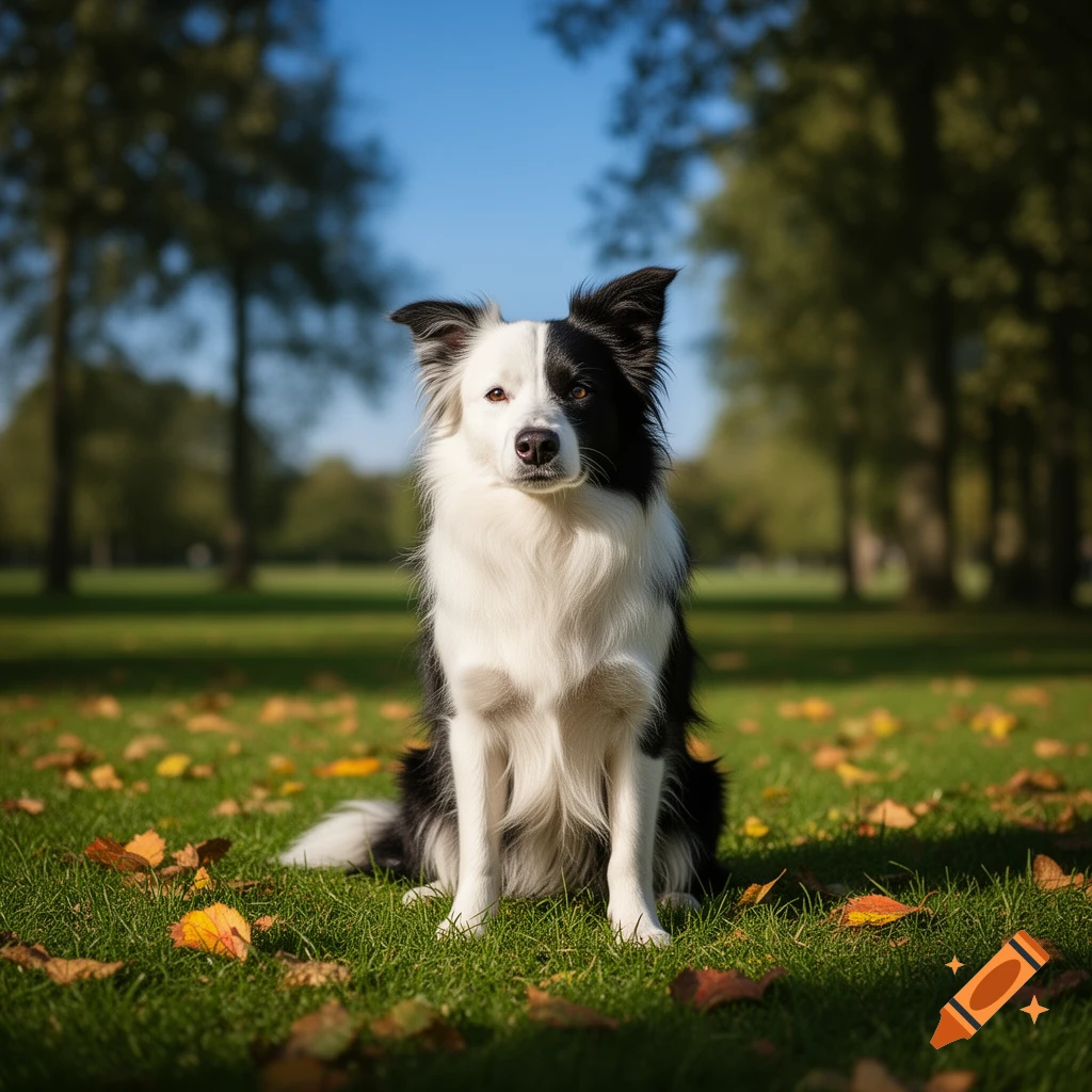 A photorealistic black and white Border Collie dog with an asymmetrical face sits on green grass with autumn leaves in a park.