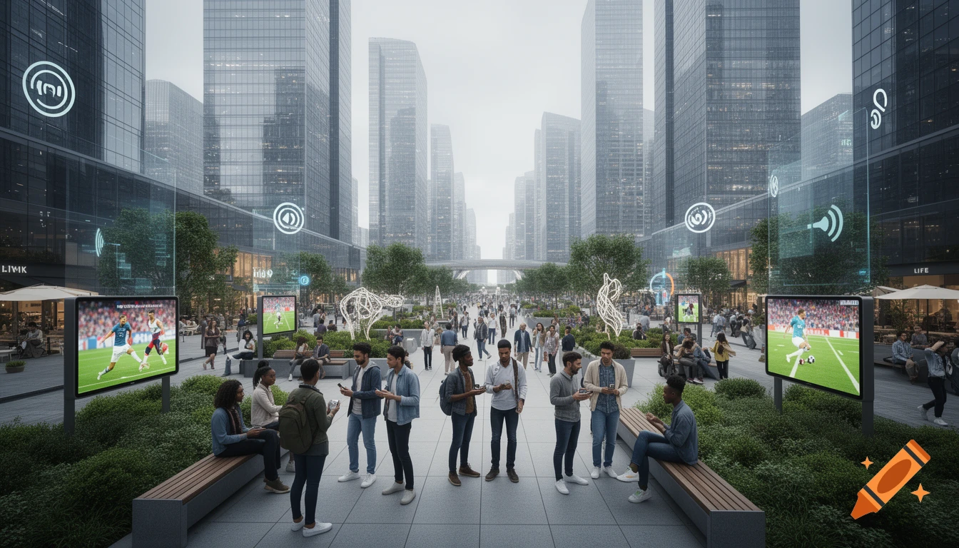 A bustling futuristic city square with towering skyscrapers, lush greenery, and large digital screens showing a soccer match, surrounded by a diverse crowd of people interacting and sitting on benches.