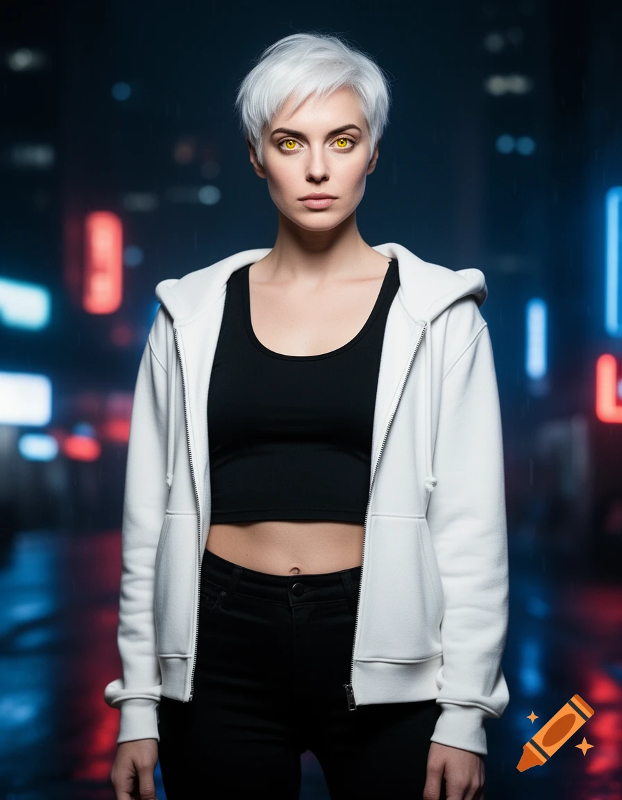 Photorealistic portrait of a woman with short white hair, glowing yellow eyes, wearing a white hoodie and black crop top, in a dark city street with neon lights.