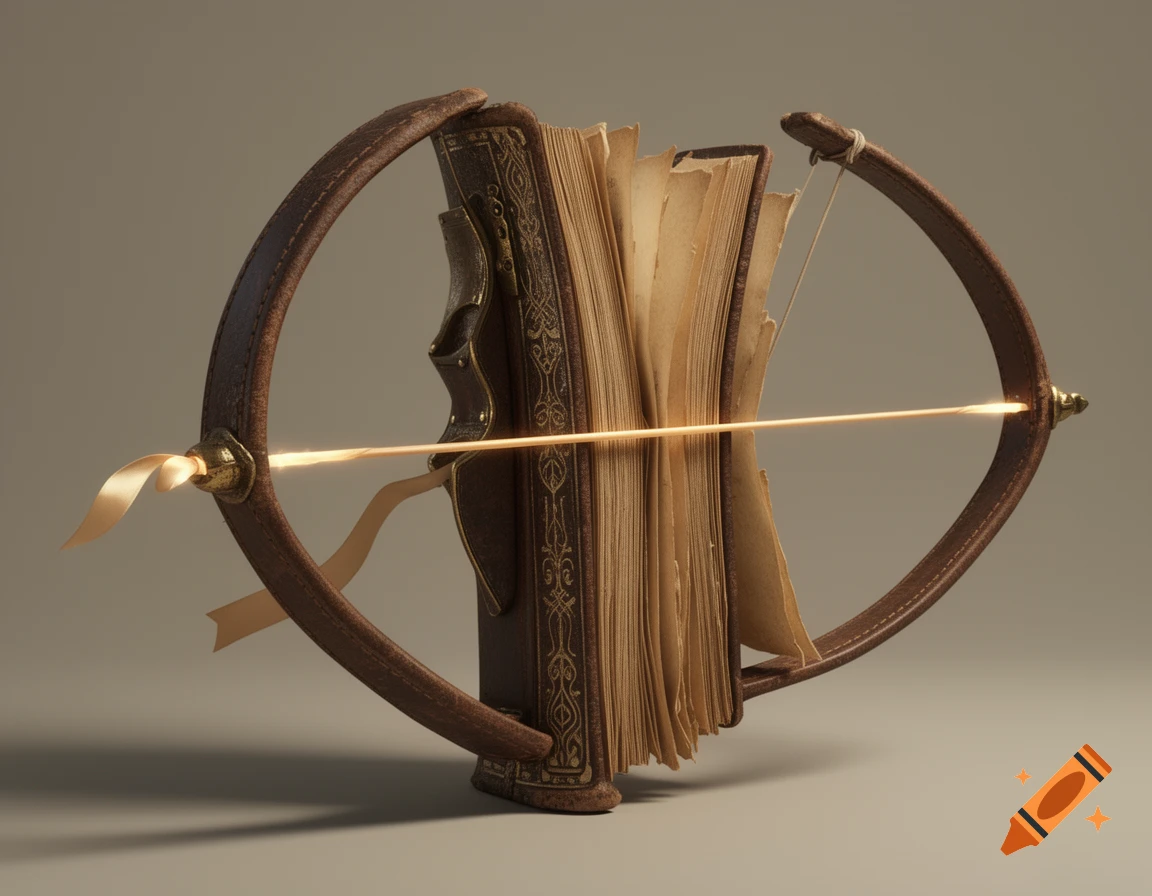 A realistic fantasy weapon formed by an old leather-bound book as a bow, with a glowing ribbon bowstring on a neutral background.