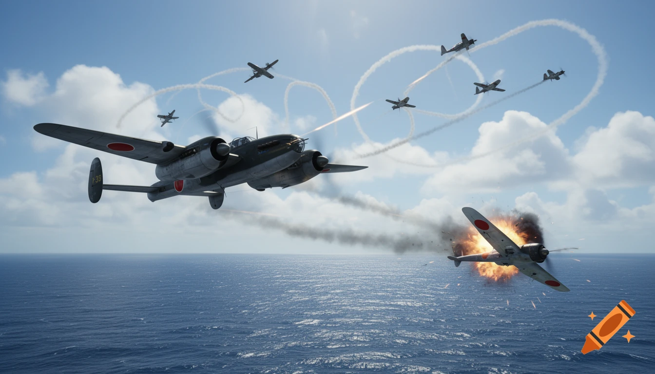 A photorealistic image of a P-38 Lightning engaging in a dogfight with Japanese Zero planes over the Pacific Ocean, with one Zero exploding.