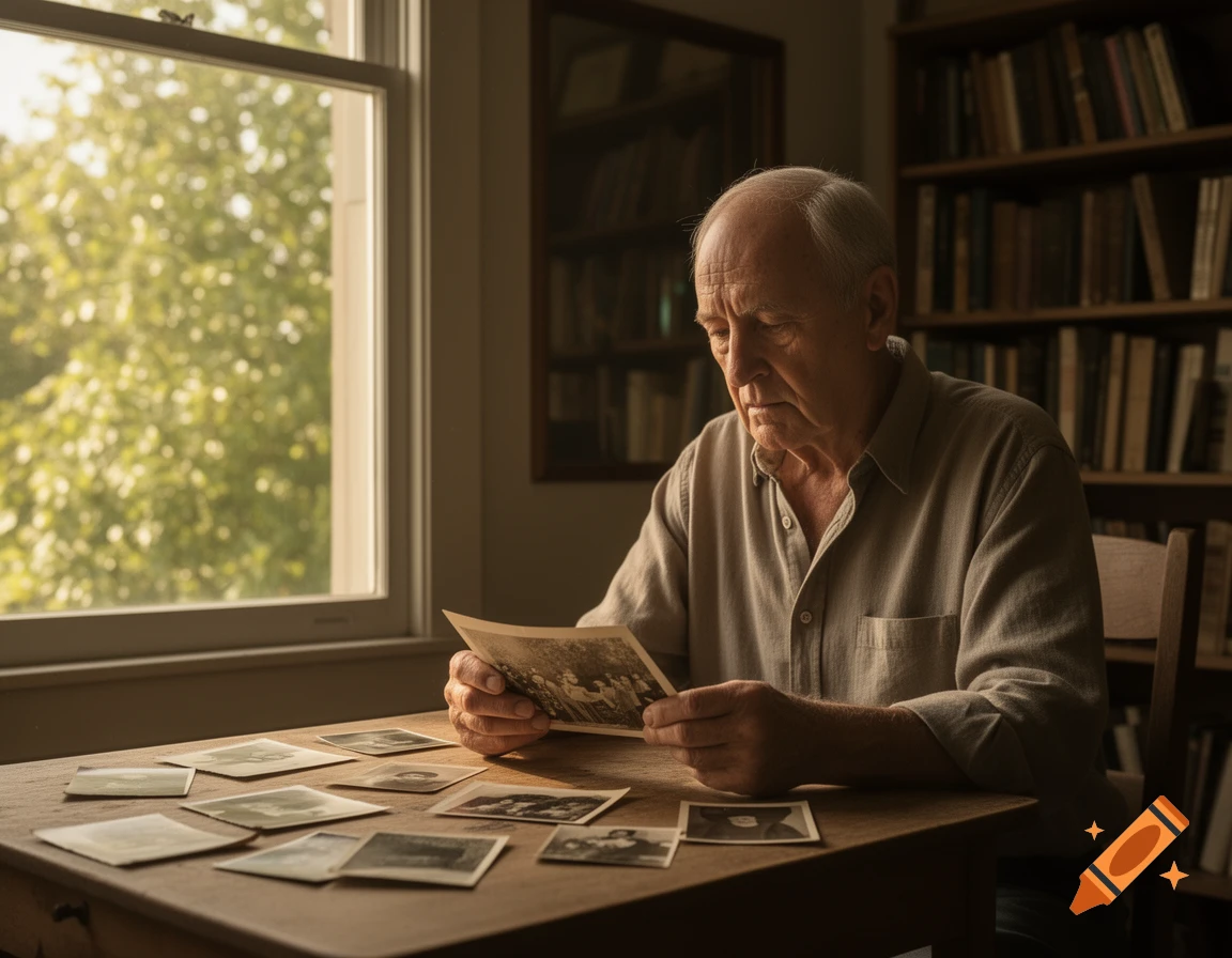 An elderly man sits at a wooden table, intently examining an old photograph, with more scattered around him, by a sunlit window.