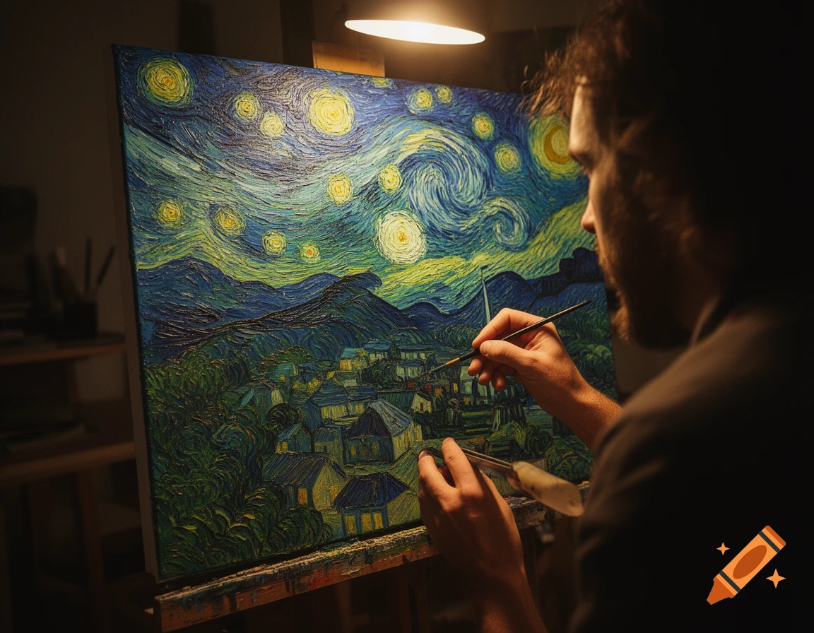 A bearded artist with messy hair paints a vibrant, textured reproduction of Van Gogh's 'The Starry Night' under warm studio light.
