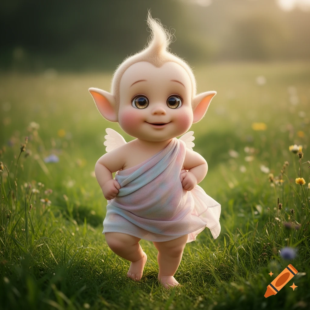 A cute, cartoonish, chubby cherub with elf ears, small wings, and a tuft of hair, wearing pastel fabric, stands in a sunny grassy field.
