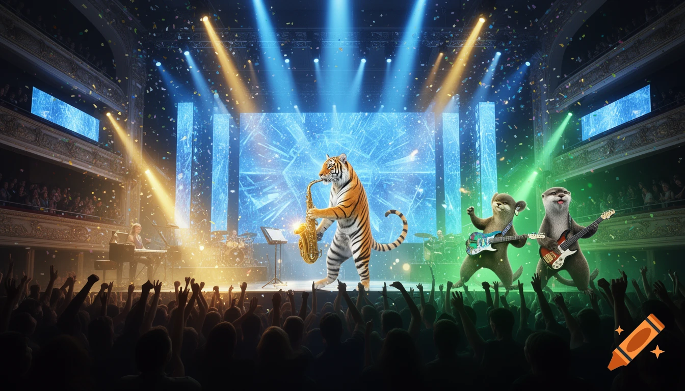 Anthropomorphic tiger on saxophone and two otters on electric guitars perform on a vibrant concert stage with a cheering crowd and confetti.