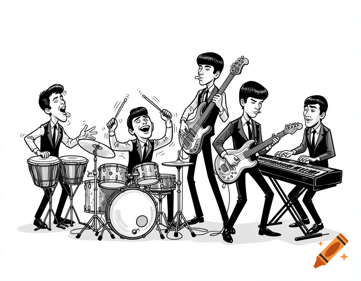 Black and white cartoon of a five-piece rock band with drummer, bongo player, two guitarists, and a keyboardist performing.