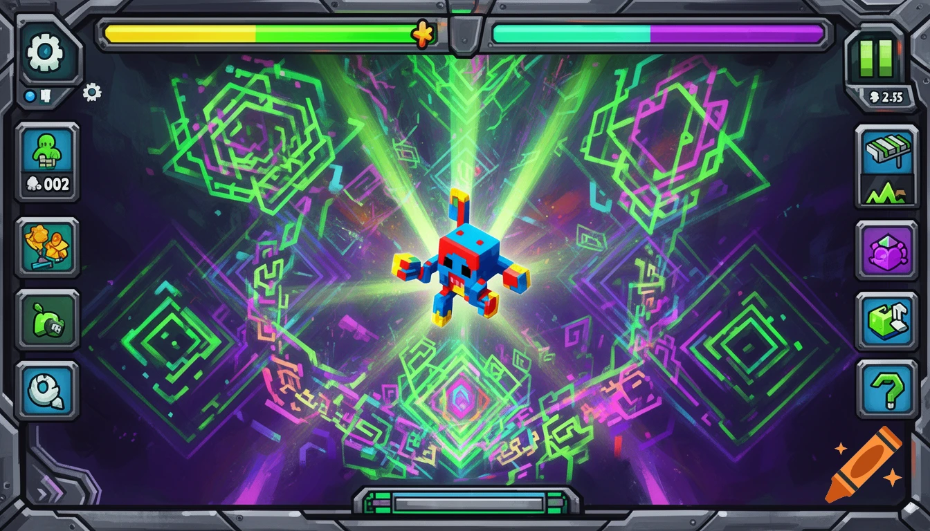 A colorful video game screen with a blocky red and blue character at the center, surrounded by glowing green and purple geometric patterns, set within a detailed grey UI frame.