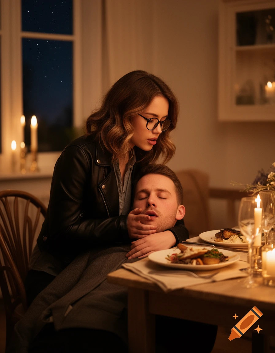 A woman in glasses and a leather jacket holds a man's face as he faints at a candlelit dinner table.