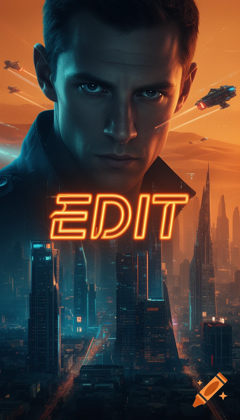 Close-up of a man with an intense gaze, overlooking a neon-lit futuristic city with flying vehicles and a glowing 'EDIT' title. Sci-fi movie poster style.