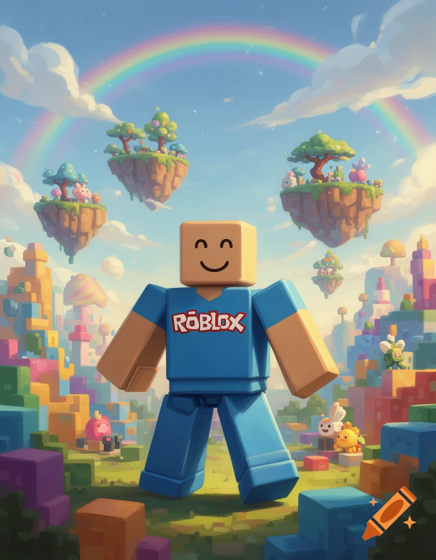 A blocky Roblox character stands in a vibrant fantasy world with floating islands, a rainbow, and colorful blocky landscapes.