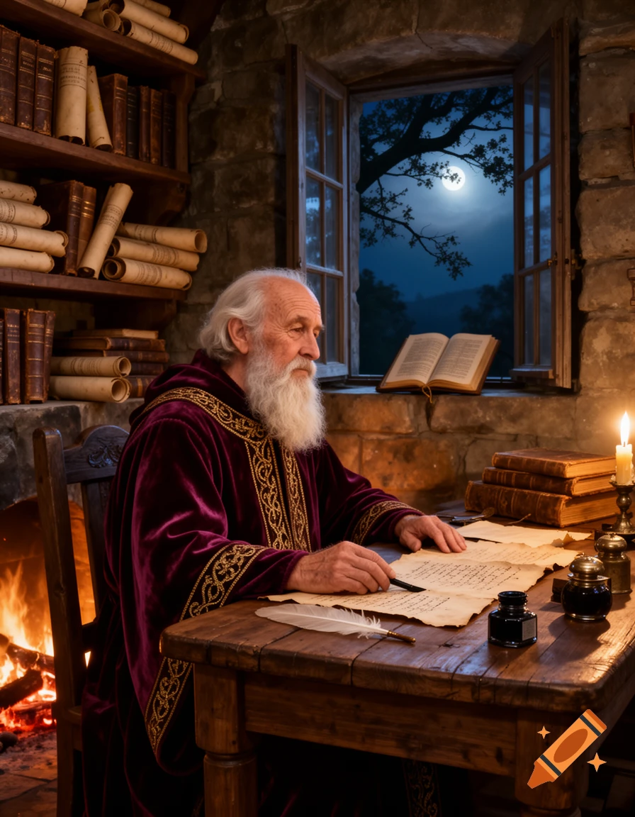 An old bearded man in a purple robe writes at a wooden desk by candlelight in a stone room, with a moonlit tree visible through the window.