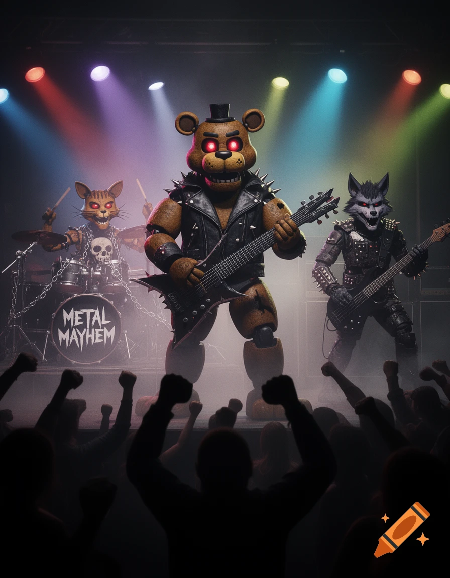 Freddy Fazbear, a cat, and a wolf animatronics play in a metal band on stage with spotlights and a cheering crowd.