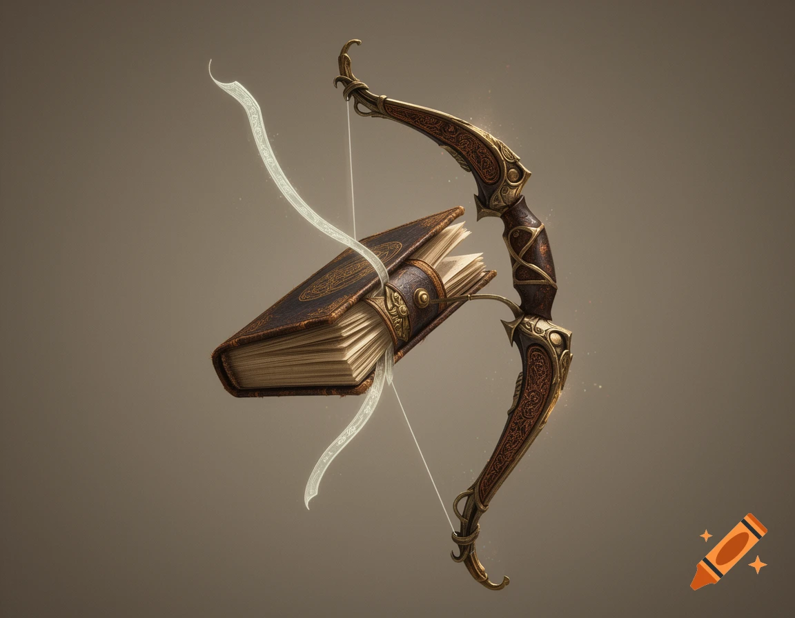 A highly detailed fantasy weapon combining an ornate leather-bound book with a bow, against a neutral background.