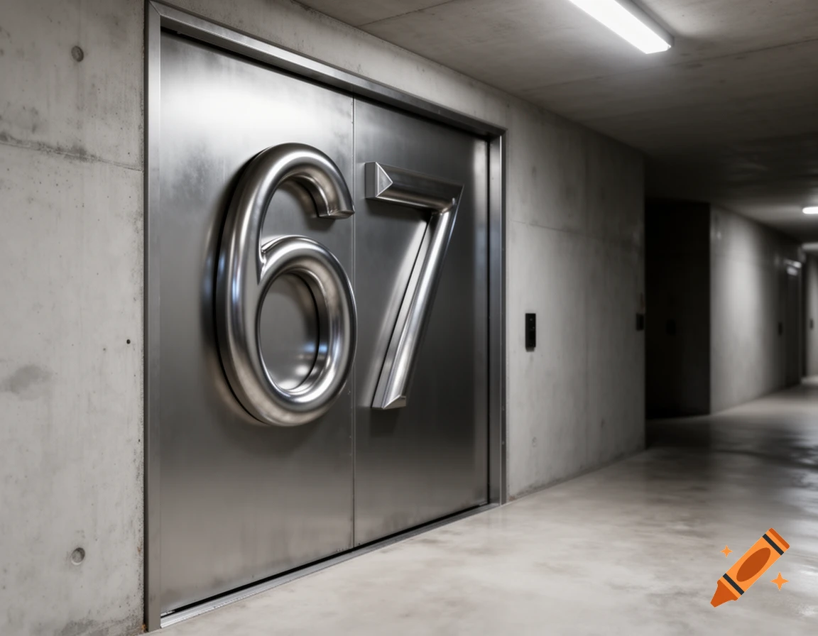 Large metallic numbers '67' on a door in a modern concrete hallway with bright overhead lights.