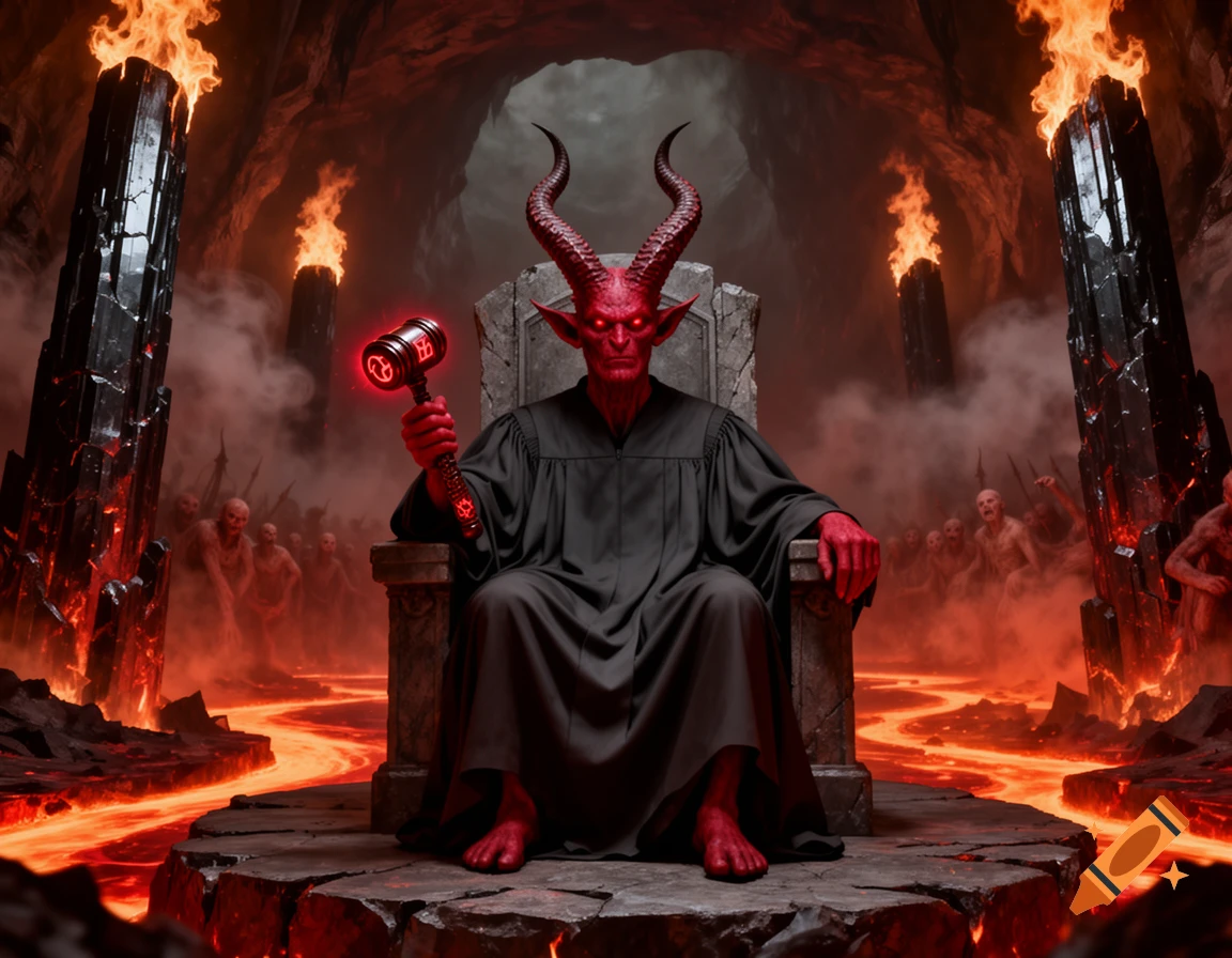 A red-skinned devil judge with large horns, wearing a black robe, sits on a stone throne, holding a glowing gavel in a fiery, hellish cave with lava rivers and shadowy figures.