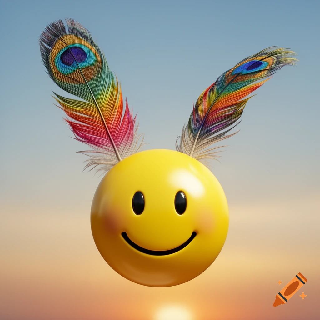 A 3D rendered yellow smiley face with two colorful peacock feathers for ears, set against a soft blue and orange sunset sky.