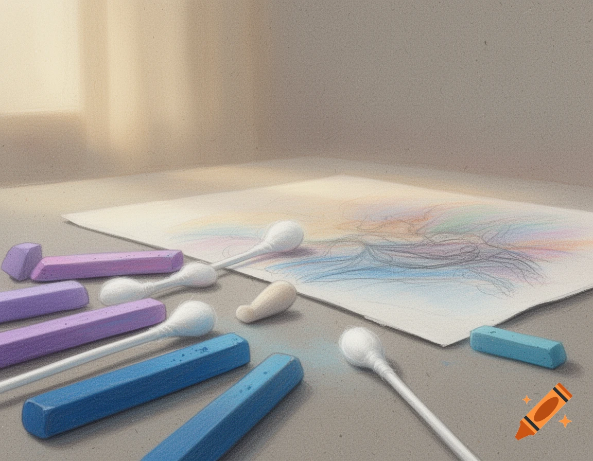 Soft purple and blue pastels, cotton swabs, and a pastel drawing on paper in an illustration.